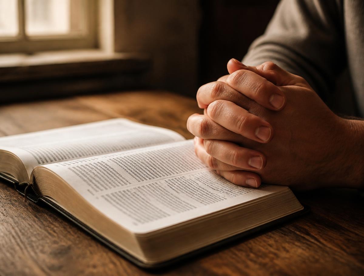 Hands clasped in prayer over an open Bible