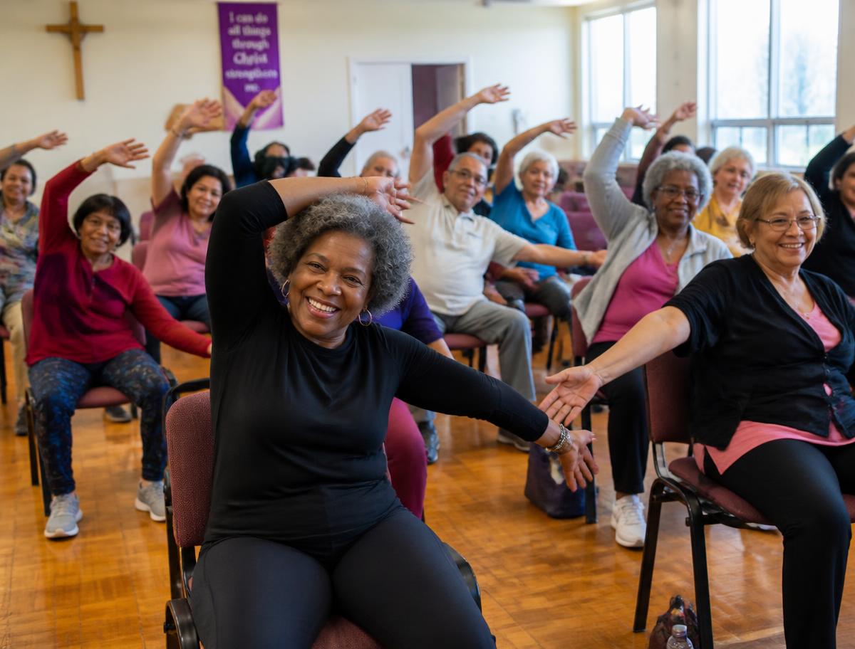 Older adults enjoying a chair exercise and line dancing class