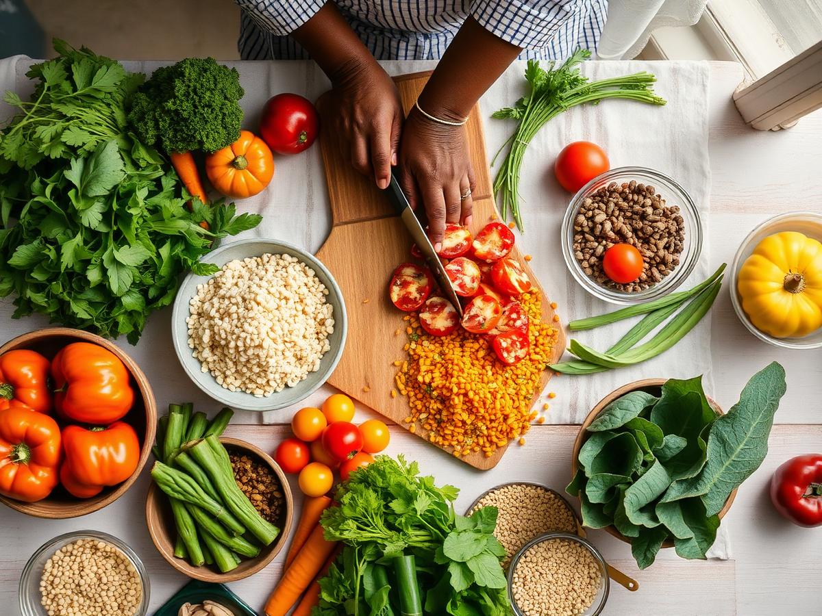 Fresh vegetables, grains and fruit prepared for a healthy meal
