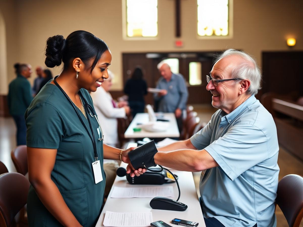A nurse checking a respondent's blood pressure at a community health screening